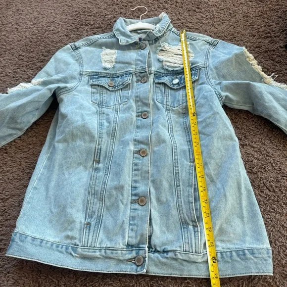 BoomBoom Jeans Jacket Denim Blue Shredded Distressed Denim Button Front Pocket M - Picture 8 of 9